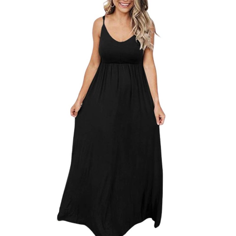 PRIMODA Women's Summer Casual Sleeveless V Neck Adjustable Spaghetti Strap Maxi Long Dress (M, Black) - Image 2